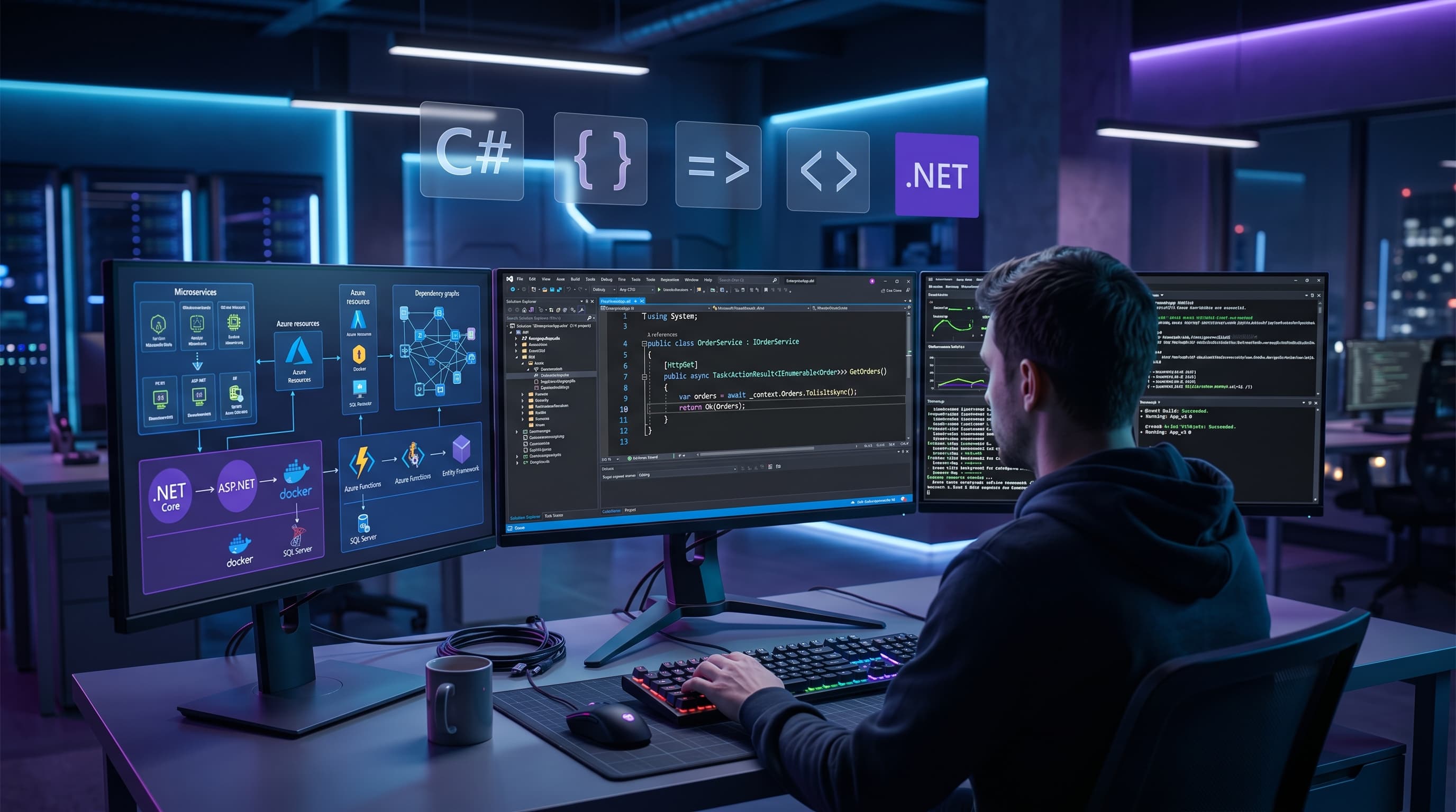 Futuristic software development workspace showing C#, .NET, ASP.NET, Azure and Entity Framework on multiple monitors