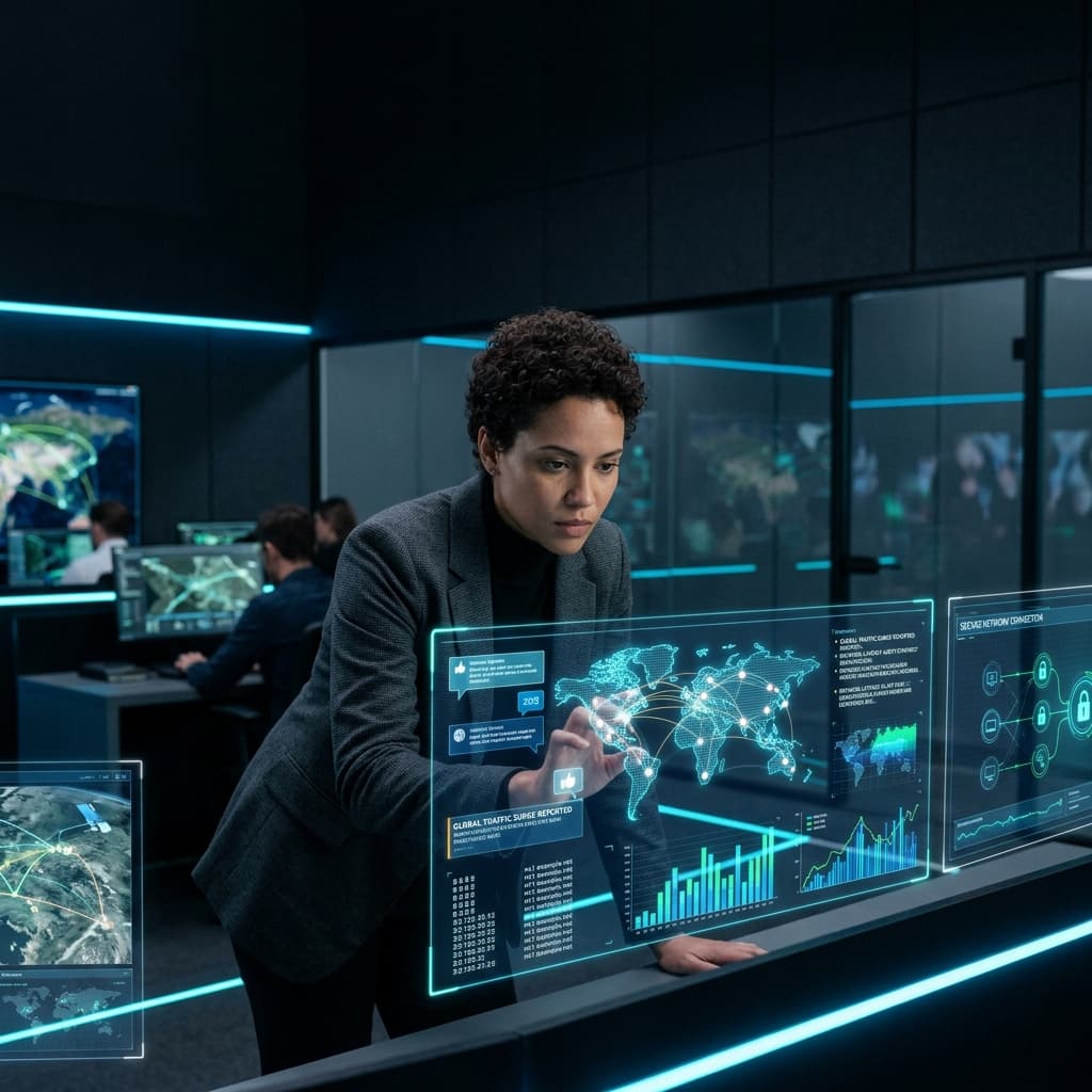Professional intelligence analyst examining public data across holographic displays in a modern security operations center